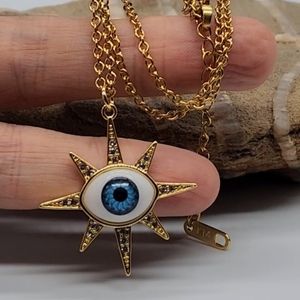 Rhodium 14K Gold Plated Chain Moroccan Evil Eye Star Mystic Pendant